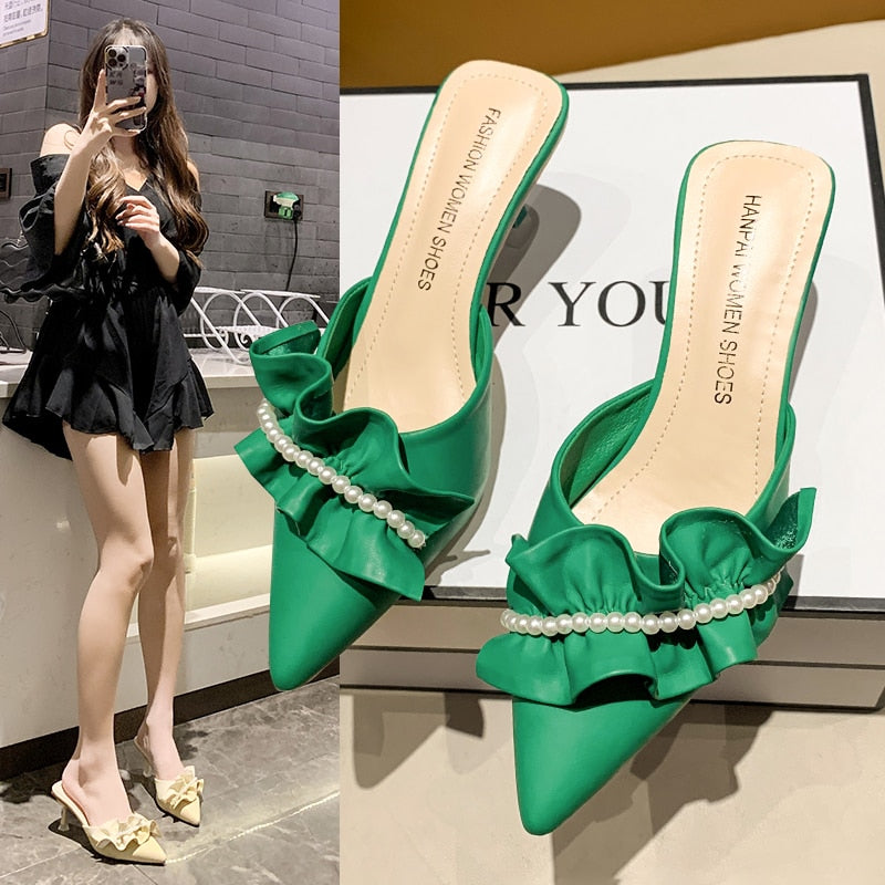 Pearl High Heel Mules Shoes Women Slip On 2023 Trend Street Summer Green Pointed Toe Slippers Women Sandals Elegant Sexy Luxury