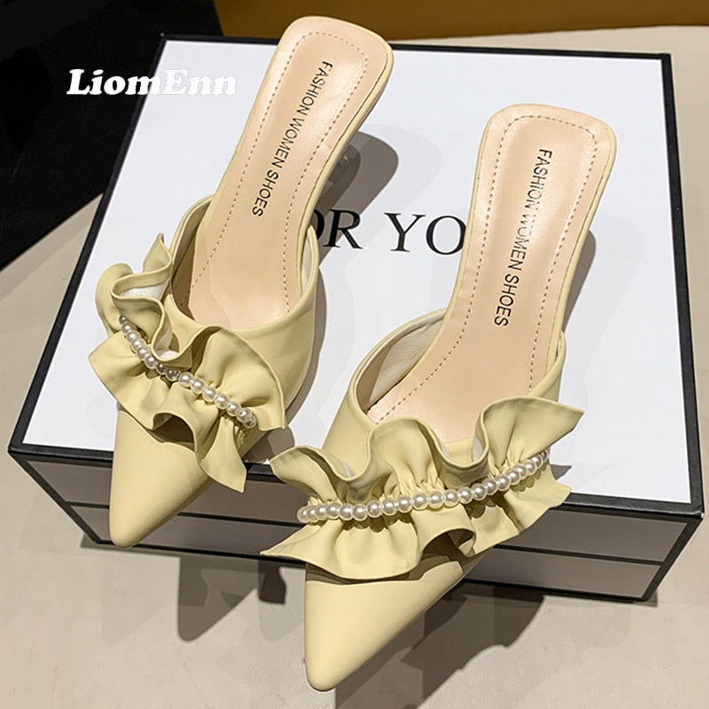 Pearl High Heel Mules Shoes Women Slip On 2023 Trend Street Summer Green Pointed Toe Slippers Women Sandals Elegant Sexy Luxury