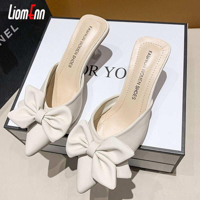 Pearl High Heel Mules Shoes Women Slip On 2023 Trend Street Summer Green Pointed Toe Slippers Women Sandals Elegant Sexy Luxury