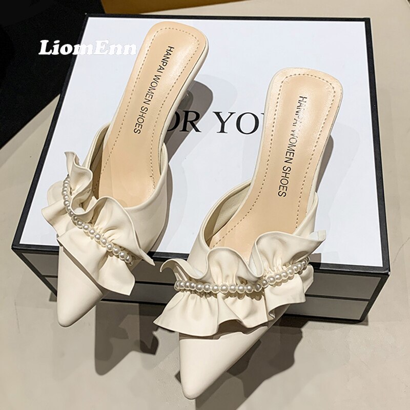 Pearl High Heel Mules Shoes Women Slip On 2023 Trend Street Summer Green Pointed Toe Slippers Women Sandals Elegant Sexy Luxury