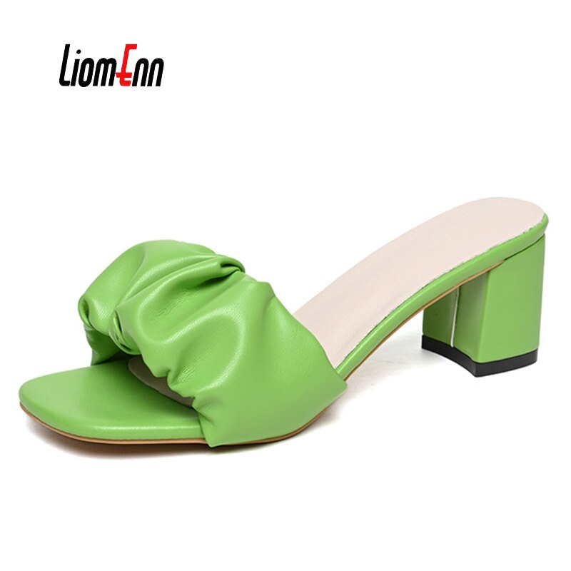 Summer Square Heeled Slippers For Women 2023 High Heel Slippers Women Sandals Pleated Green Orange Sexy Elegant Shoes Plus Size