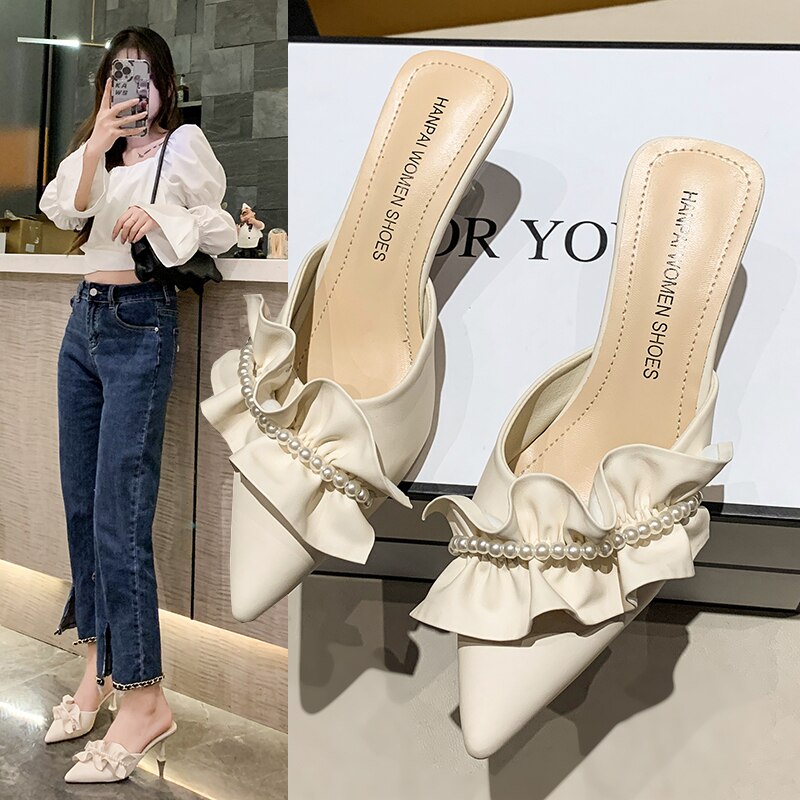 Pearl High Heel Mules Shoes Women Slip On 2023 Trend Street Summer Green Pointed Toe Slippers Women Sandals Elegant Sexy Luxury