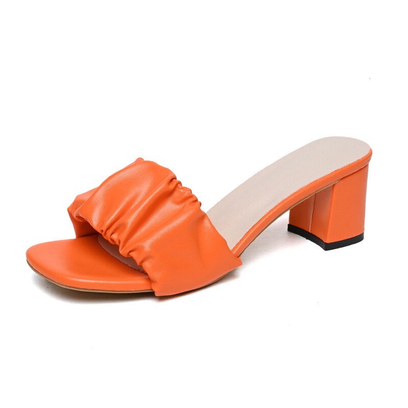 Summer Square Heeled Slippers For Women 2023 High Heel Slippers Women Sandals Pleated Green Orange Sexy Elegant Shoes Plus Size