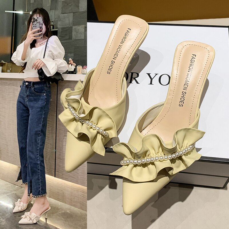 Pearl High Heel Mules Shoes Women Slip On 2023 Trend Street Summer Green Pointed Toe Slippers Women Sandals Elegant Sexy Luxury