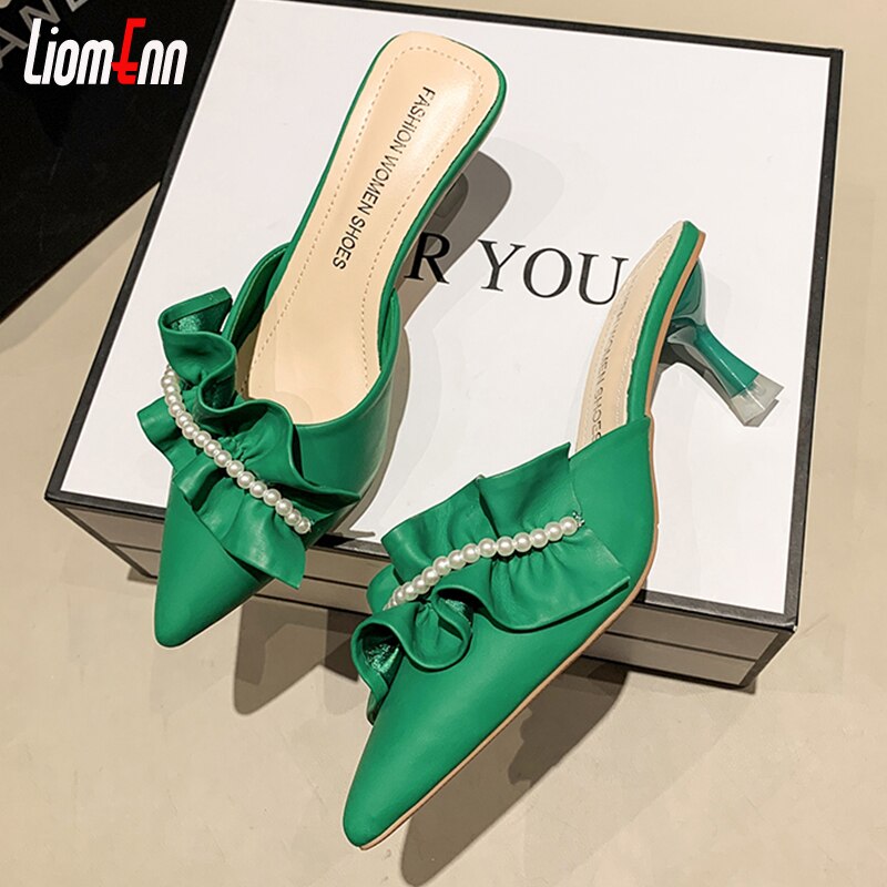 Pearl High Heel Mules Shoes Women Slip On 2023 Trend Street Summer Green Pointed Toe Slippers Women Sandals Elegant Sexy Luxury