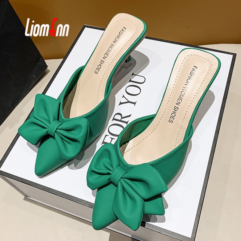 Pearl High Heel Mules Shoes Women Slip On 2023 Trend Street Summer Green Pointed Toe Slippers Women Sandals Elegant Sexy Luxury