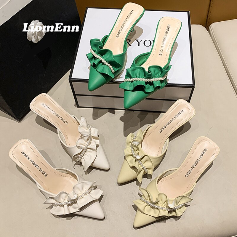 Pearl High Heel Mules Shoes Women Slip On 2023 Trend Street Summer Green Pointed Toe Slippers Women Sandals Elegant Sexy Luxury