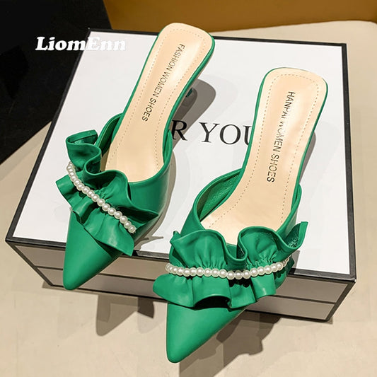 Pearl High Heel Mules Shoes Women Slip On 2023 Trend Street Summer Green Pointed Toe Slippers Women Sandals Elegant Sexy Luxury